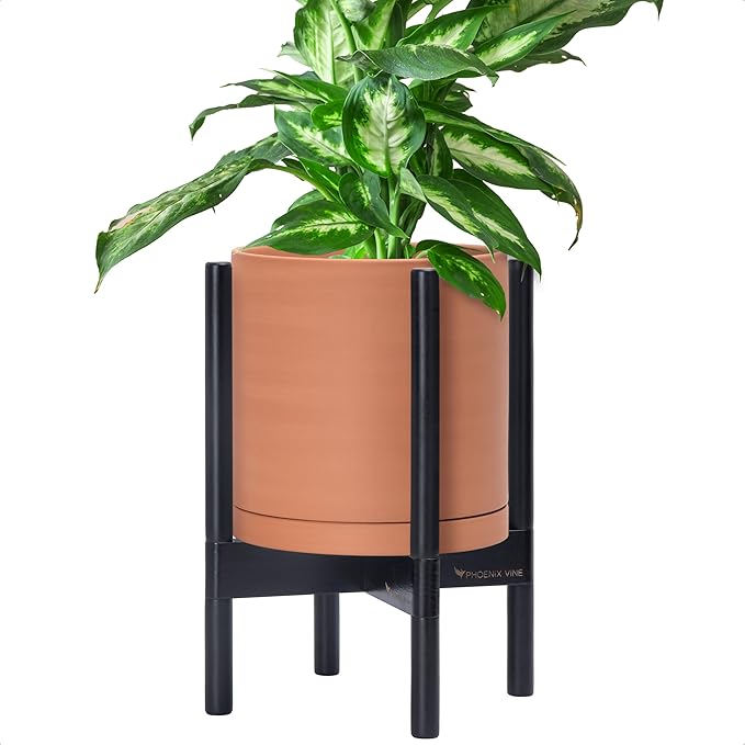 D'vine Dev Terracotta Planter with Ebony Stand - 10 Inch Modern Round Flower Pot with Wood Planter Holder, Terracotta, 55-B-L-5-Ruum Studio Home