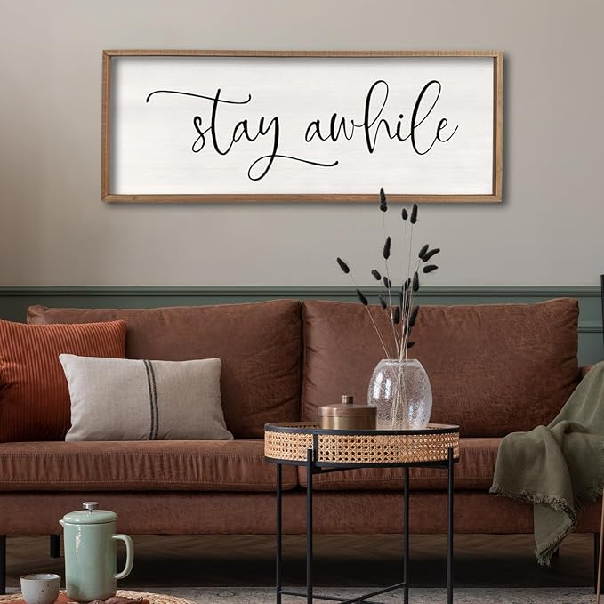 Stay Awhile Sign Wall Decor Sign 40"X15" Large Living Room Entryway Wood Framed Rustic Wall Decor for Vintage Farmhouse Foyer Hanging Lets Stay Home Wall Art (Wood)-Ruum Studio Home
