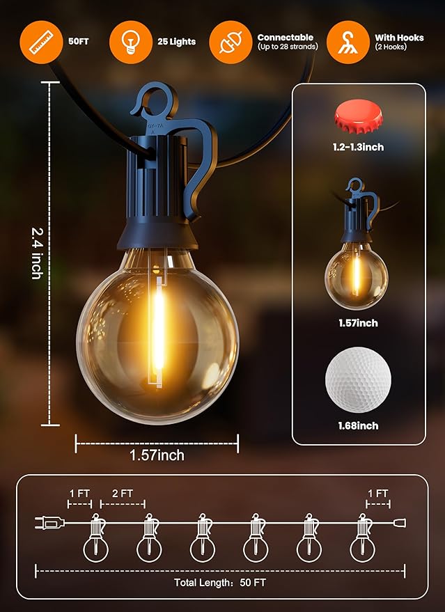 LED Outdoor String Lights, 50FT 25+2 Shatterproof Bulbs Outdoor Patio Lights, IP65 Waterproof Connectable Hanging Outside Light for Backyard, Porch, Deck, Balcony, 2200K-Ruum Studio Home