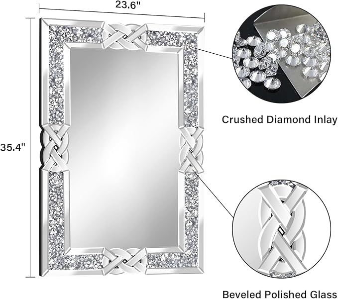 Crushed Diamond Decorative Wall Mirrors, 24x36 Inch Rectangle Living Room Mirrors for Wall Decor, Modern Glam Bathroom Dining Room Entryway Mirror Silver-Ruum Studio Home