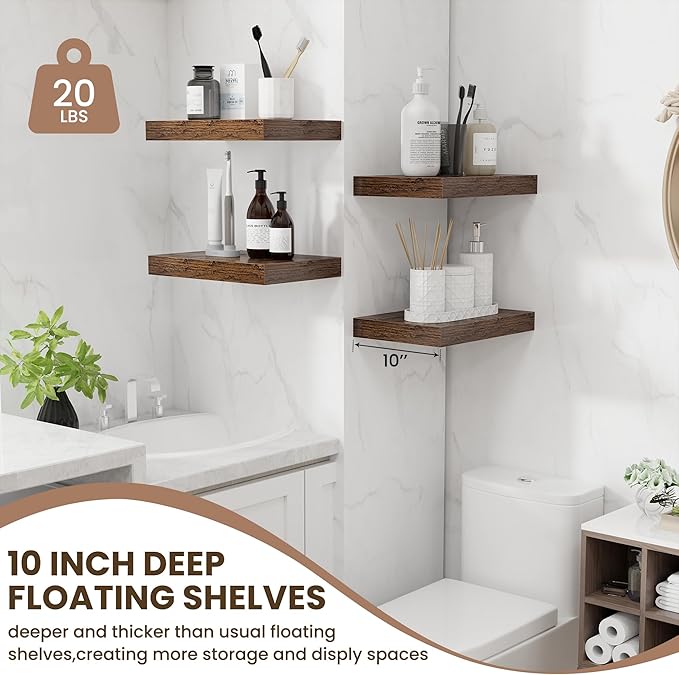 Fun Memories Wood Floating Shelves 16 Inch, 10 Inch Deep Shelves Wall Mount, Wall Shelves with Invisible Bracket, 16" Floating Shelves for Living Room Bathroom Bedroom, Rustic Brown, Set of 2-Ruum Studio Home