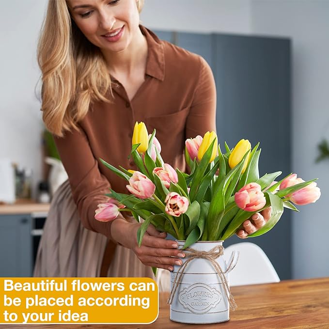 6 Inch Farmhouse Vase Decor Milk Can Vintage Flower Jug Galvanized Metal Vase with Handle Rustic Flower Buckets for Thanksgiving Christmas Table Centerpiece Weddings Gifts(Retro White,8 Pcs)-Ruum Studio Home