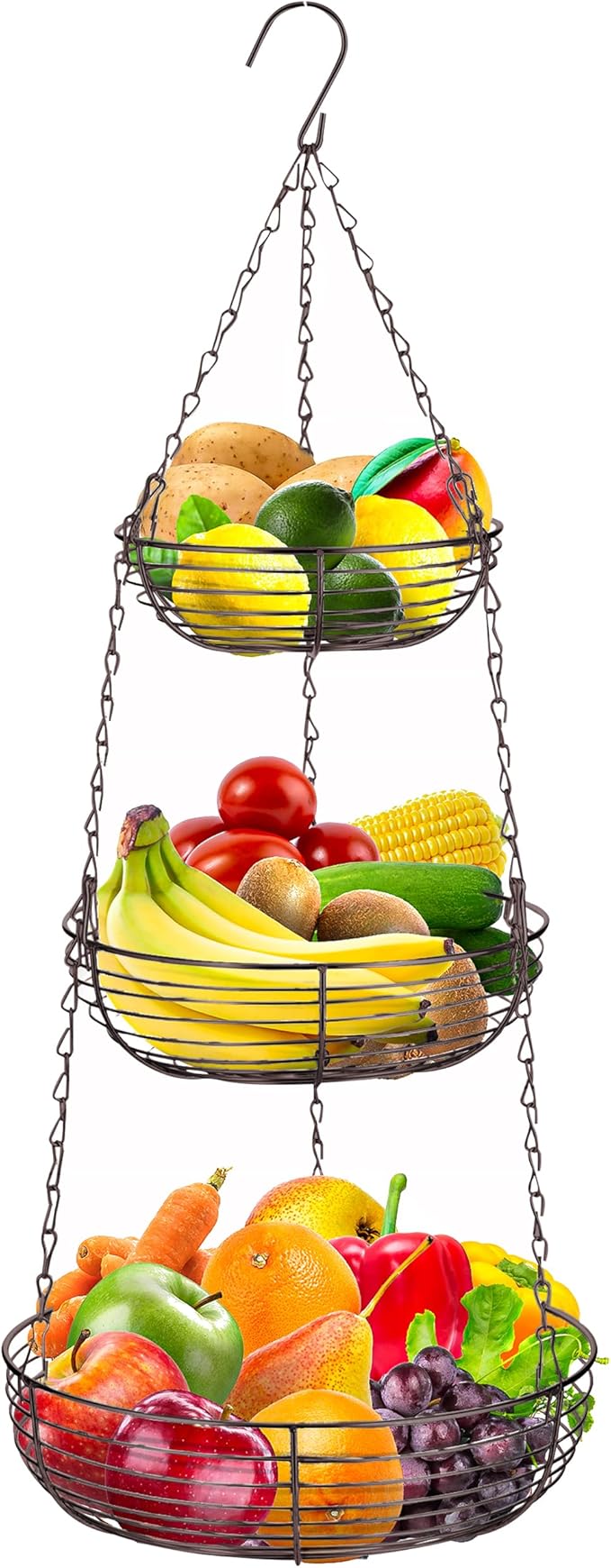 Home Intuition 3-Tier Hanging Fruit Produce Basket Heavy Duty Wire with 2 Metal Ceiling Hooks, Round, Bronze-Ruum Studio Home