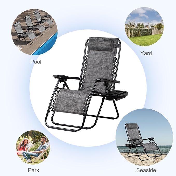 Nazhura Set of 2 Relaxing Recliners Patio Chairs Adjustable Steel Mesh Zero Gravity Lounge Chair Beach Chairs with Pillow and Cup Holder(Grey)-Ruum Studio Home
