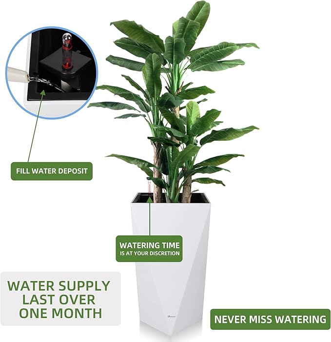 Dexceder 20 Inches Tall Self Watering Planter Diamond High Gloss Indoor Outdoor, Thickened Rhombus Large Floor Standing Flower Plant Pot with Water Level Indicator (White)-Ruum Studio Home