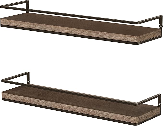 Meangood Floating Shelves Wall Mounted Set of 2, Rustic Wood Wall Storage Shelves for Bedroom,Living Room,Bathroom, Kitchen Brown-Ruum Studio Home