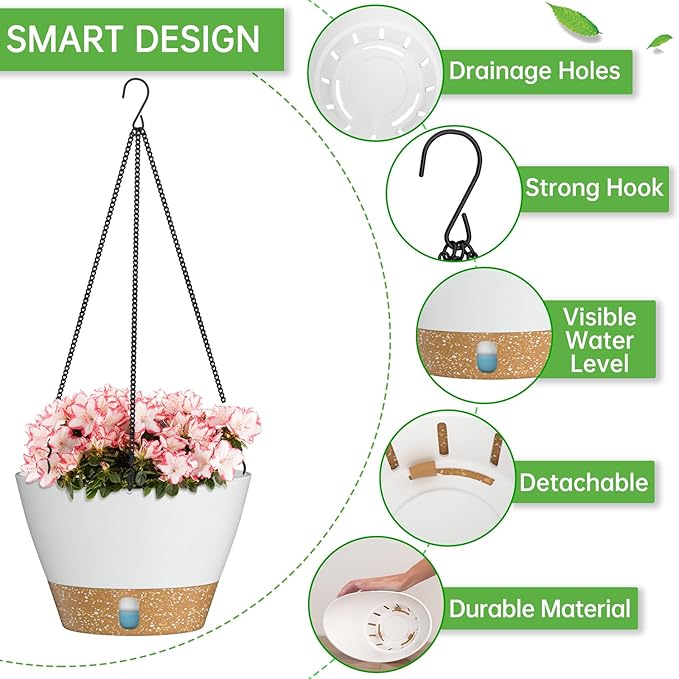 ZMTECH 10 Inch Hanging Planters for Outdoor Plants, Hanging Pots for Plants Indoor with Visible Water Level, Hanging Flower Basket with Drainage Holes & Removable Tray(2 Pack, White)-Ruum Studio Home
