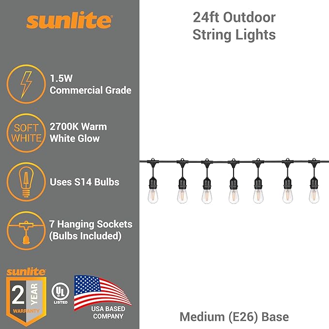 Sunlite 80571 24ft Outdoor String Lights, 1.5W Commercial Grade, Waterproof, Linkable Strands, UL Listed, 7 Hanging Sockets, Shatterproof LED Edison Bulbs Included, 2700K Warm White-Ruum Studio Home