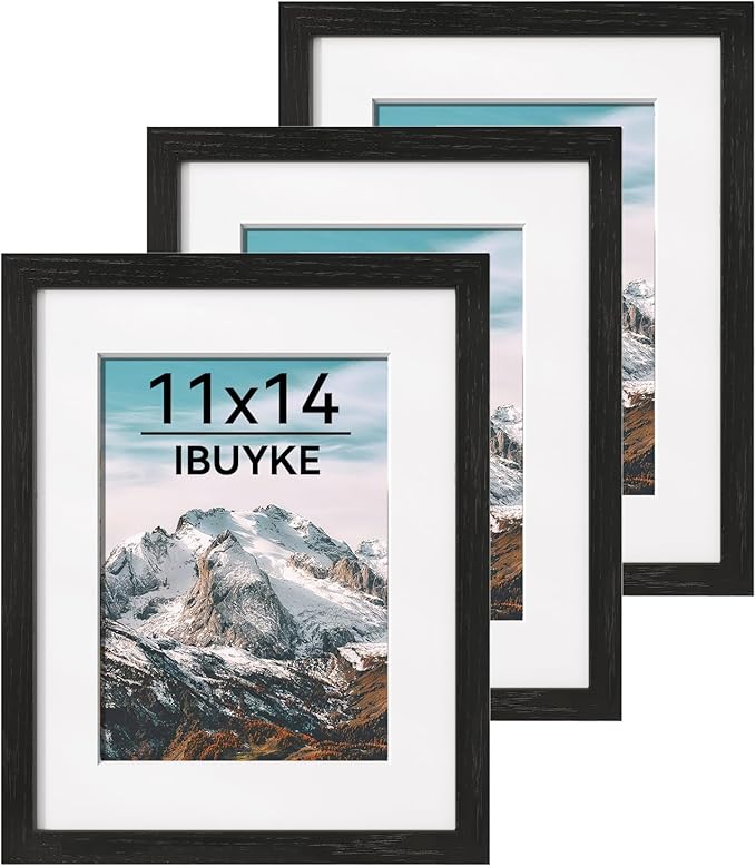 IBUYKE 11 x14 Picture Frame,Set of 3,Solid Oak Wood 11x14 Photo Frame with Mat to 8x10,11x14 Picture Frames With Tempered Glass,Wall Mount Display,Home Decor,Black Oak 14 x 11 Frame,UWPF1114B-3-Ruum Studio Home