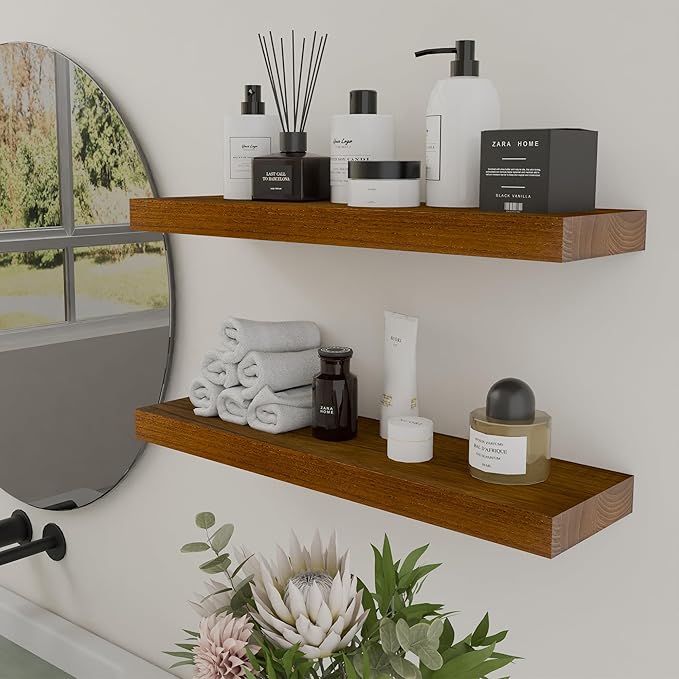IAE Walnut Floating Wall Shelves 24 inch, Bathroom Shelves Wall Mounted,Invisible Shelves Floating Kitchen Shelves,Wooden Wall Shelves with Brackets for Living Room Wall Mounted,Easy Install,Set of 2-Ruum Studio Home