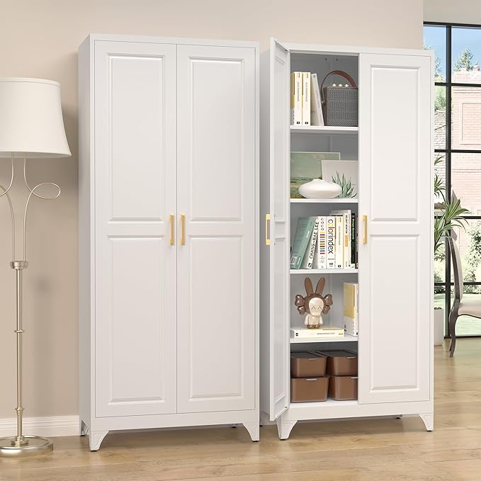 Kitchen Pantry Cabinet,75”White Metal Storage Cabinets with Doors and 4 Adjustable Shelves,Kitchen Cabinet with 2 Gold Handles,Tall Cabinet for Livingroom,Pantry, Bathroom-Ruum Studio Home