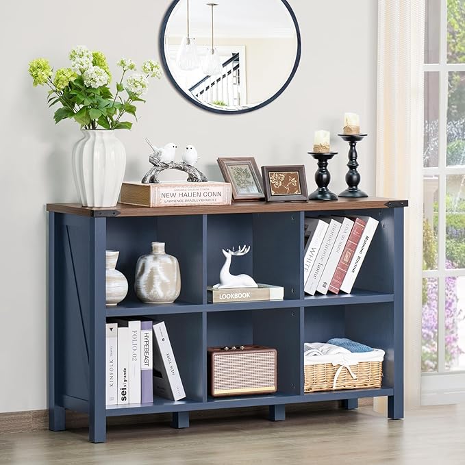 6 Cube Bookcase, Farmhouse Wood Low Storage Organizer Book Shelf, 47" Horizontal Navy Blue Console Bookshelf with Legs, Hallway Book Case for Entryway, Display Cabinet for Living Room, Office-Ruum Studio Home