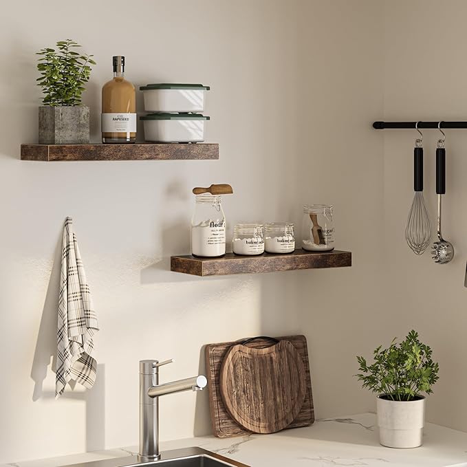 Floating Shelves for Wall, 24"W x 6.7"D x 1.5"H, Wooden Wall Mounted Display Shelf with Invisible Brackets for Living Room, Bedroom, Bathroom, Kitchen Decor and Storage, Set of 2, Rustic Brown-Ruum Studio Home