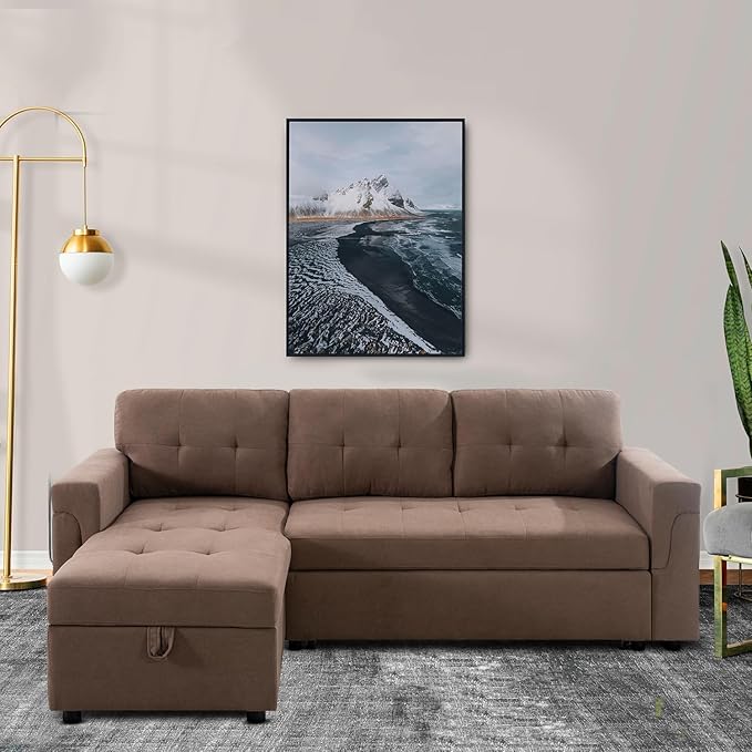 Naomi Home Transform Any Space: Sleeper Sectional Sofa with Convertible Sofa Bed & Inviting Chaise. Find Tranquil Comfort with Stress-Relieving Design & Durable Cushions - Mocha/Velvet-Ruum Studio Home