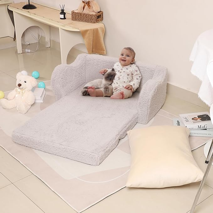 Kids Extra Wide Chairs for Toddler, 2-in-1 Toddler Soft Sherpa Couch Fold Out, Convertible Sofa to Lounger for Girls and Boys, Grey-Ruum Studio Home