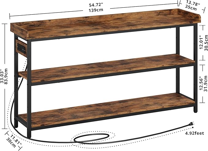 IRONCK Console Table, Sofa Table with Power Outlet, Farmhouse Hallway Table for Entryway, Living Room, Height Adjustable, Easy Assembly, Rustic Brown,55"-Ruum Studio Home