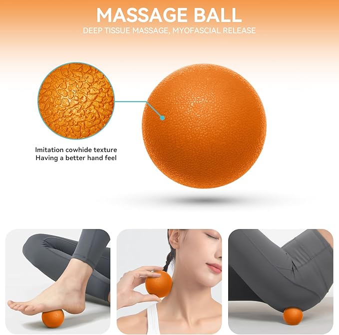 5 in 1 Foam Roller Set for Deep Tissue Muscle Massage, Trigger Point Fitness Exercise Foam Roller, Massage Roller, Massage Ball, Stretching Strap, for Whole Body (Orange Black)-Ruum Studio Home