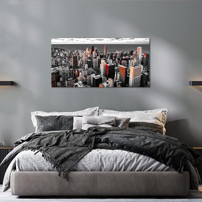 Nachic Wall Black and White Chicago Canvas Print Art Modern Chicago Downtown at Sunset Pictures Painting Modern Cityscape Giclee Artwork for Home Office Living Room Bedroom Decoration 24x48Inches-Ruum Studio Home