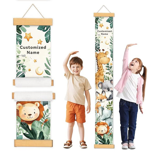 Personalized Name Growth Chart Wall Decor for Kids – Canvas Removable Height Chart Measuring Ruler 59" x 7.9" (Cute Animals)-Ruum Studio Home