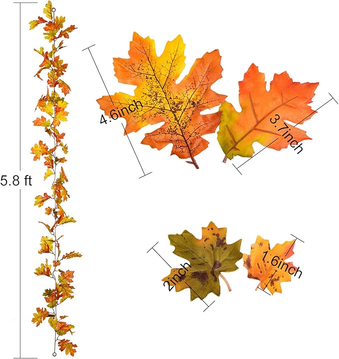 Lvydec 2 Pack Fall Maple Leaf Garland - 5.9ft/Piece Artificial Fall Foliage Garland Thanksgiving Decor for Home Wedding Party Christmas (Yellow)-Ruum Studio Home