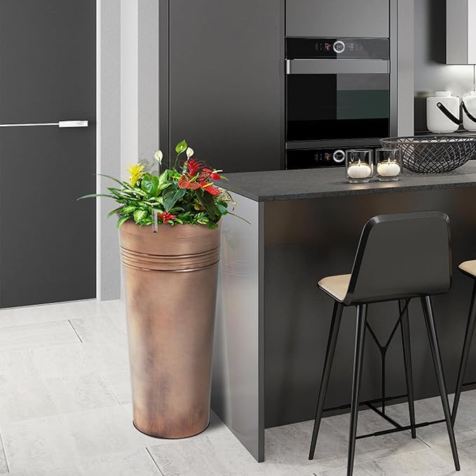 KOL 25'' Tall Galvanized Steel Planter Pot with Water Level Indicator - 2-Pack Self Watering Planters Flower Pot for Plants - Round Powder Metal Planter Box - Indoor Outdoor Grande Plant - Bronze-Ruum Studio Home