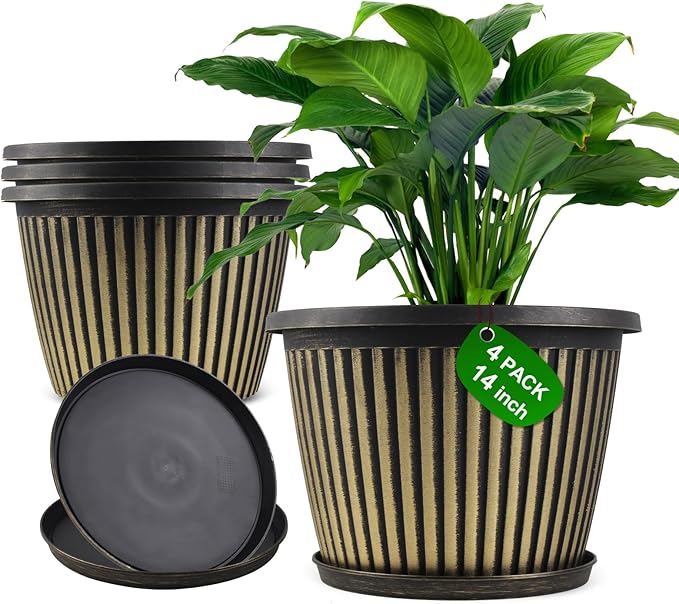 Large-Planter-Indoor-Outdoor Plant Pots, 14 inch 4 Pack Plastic Flower Pots with Saucer And Drainage Holes, Modern Garden Planters For Planting Medium Large Plants， Decorative Resin Garden Pots-Ruum Studio Home