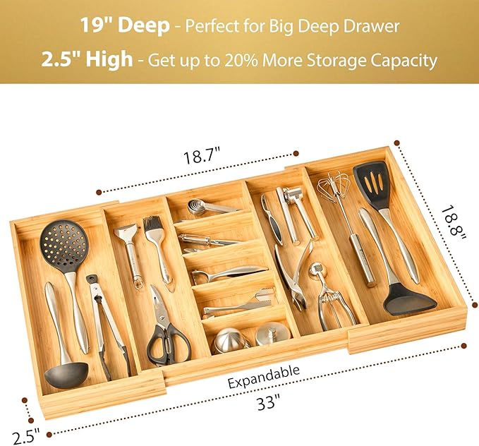 Umilife Extra Large Expandable Kitchen Drawer Organizer for Utensil and Junk, 19" Deep for Big Drawer, 19" to 33" Adjustable Bamboo Wood Drawer Divider, Cutlery Tray, Flatware Holder-Ruum Studio Home
