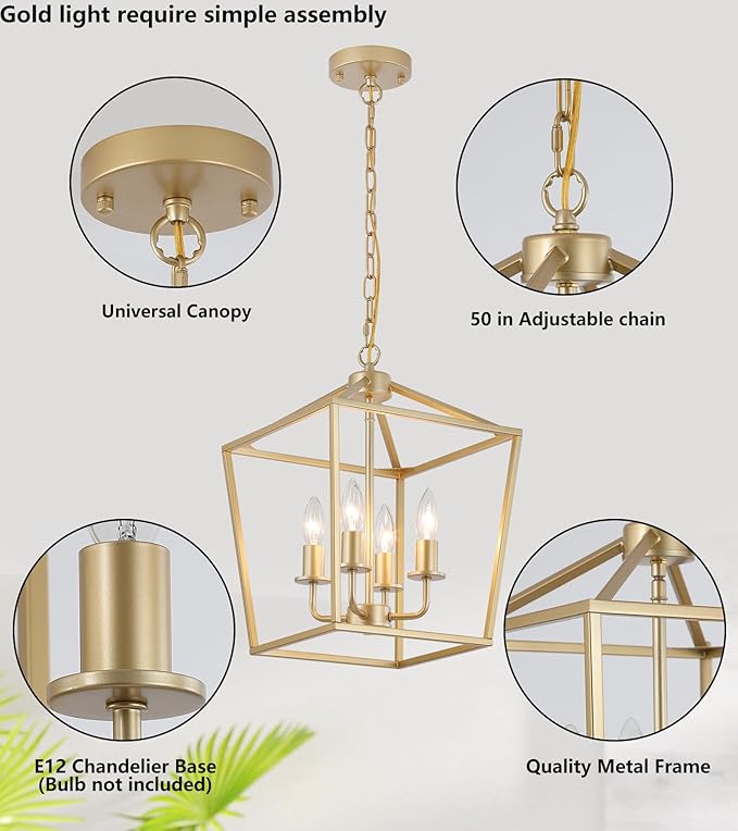 Industrial 4 Lights Chandelier, Gold Lantern Ceiling Light Fixtures with Rustic Metal Cage Adjustable Height Farmhouse Geometric Hanging Light for Kitchen Island, Dining Room, Entryway, UL Listed-Ruum Studio Home