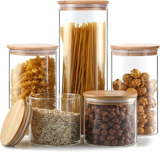 YUNCANG Glass Storage Jars [Set of 5],Clear Glass Food Storage Containers with Airtight Bamboo Lid Stackable Kitchen Canisters for Candy,Cookie,Rice,Sugar,Flour,Pasta,Nuts and Spice Jars-Ruum Studio Home