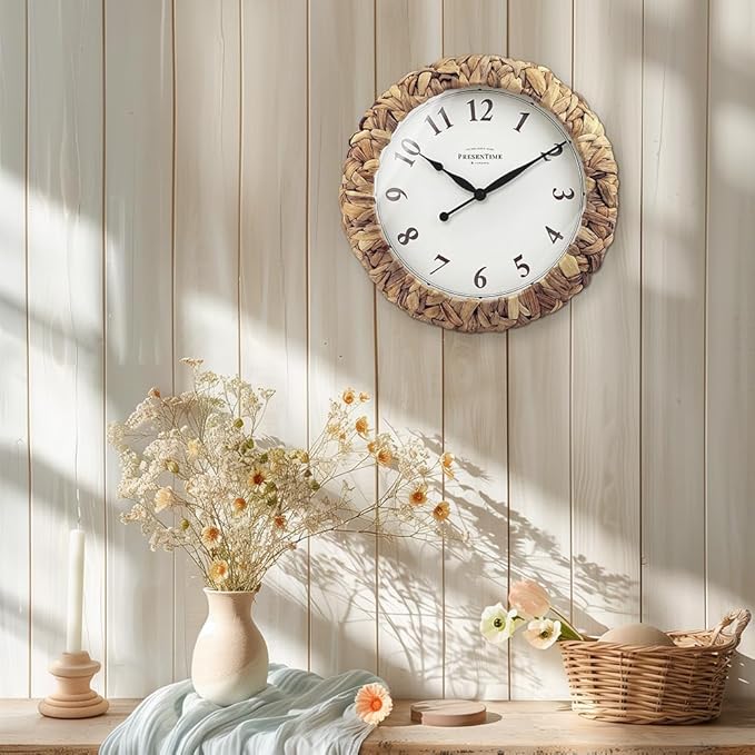 Presentime & Co. Farmhouse Series, Rustic Woven Clock, 14 inch, Natural Woven Water Hyacinth/Sea Grass. Wall Sculpture, Wall Art and Timepiece for Home Decoration/Decoration/Farmhouse Décor-Ruum Studio Home
