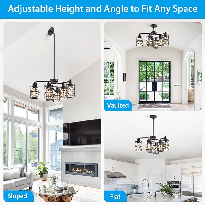 XINGQI Modern Black Chandelier 6-Light Pendant Lighting Fixture with Metal Shade 24" Height Adjustable for Dining Room Living Room Bedroom-Ruum Studio Home