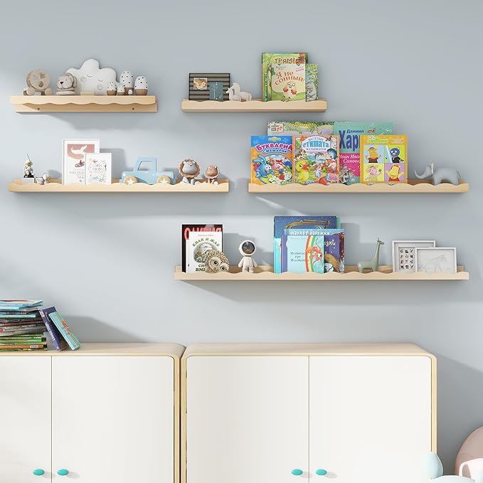 Fun Memories Picture Ledge Shelf for Wall, 48 inch Pine Wood Nursery Book Shelves Set of 2- Wall Book Shelves for Kids Room, Home Decor - Kitchen Spice-Natural-Ruum Studio Home