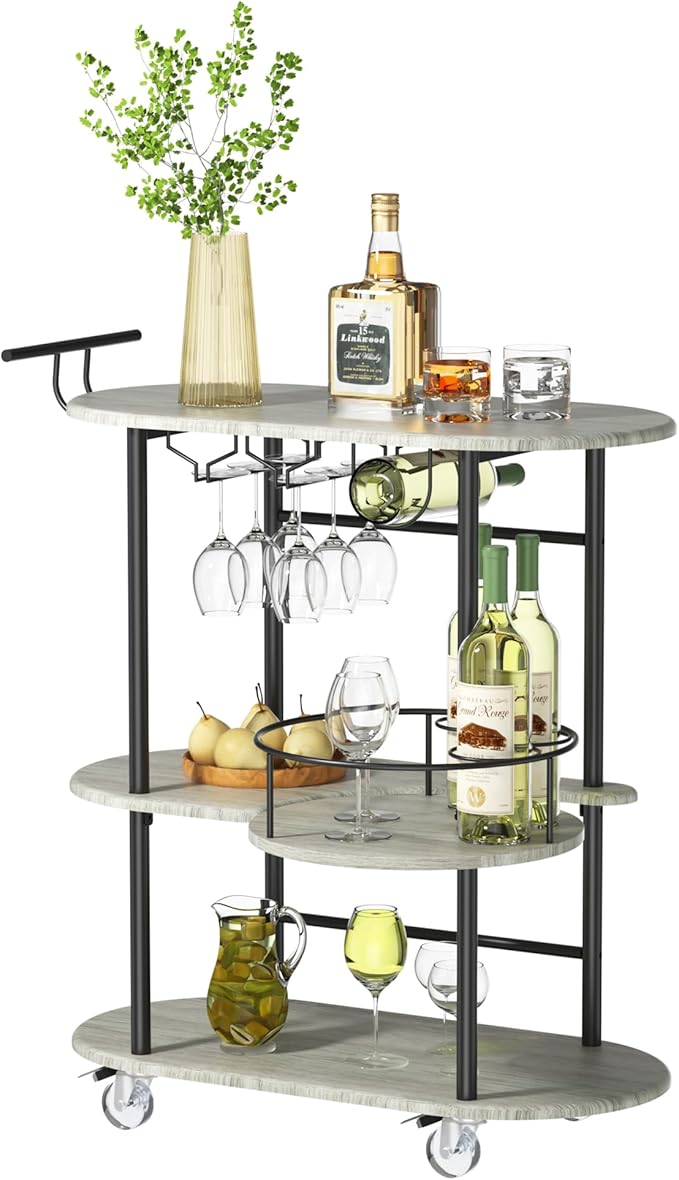 Light Gray Bar Carts with 4-Tier Storage Shelves, Mobile Bar Serving Cart with Wine Rack and Glass Holder, for The Home, Kitchen, Living Room, Dining Room-Ruum Studio Home