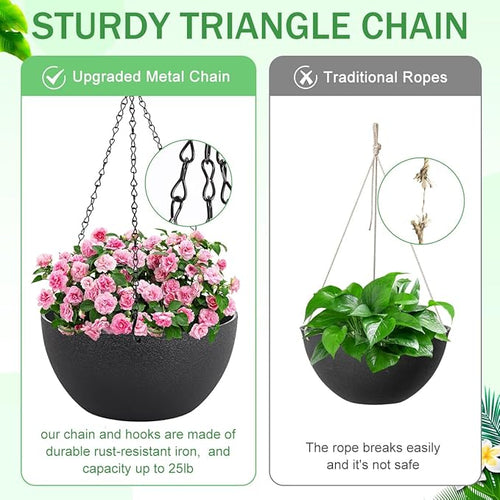 10 inch Hanging Planters for Indoor Plants, 2 Pack Planters for Outdoor Plants with Drainage Holes and Chain, Round Plastic Hanging Baskets, Hanging Flower Pots for Balcony Garden Decor-Black-Ruum Studio Home