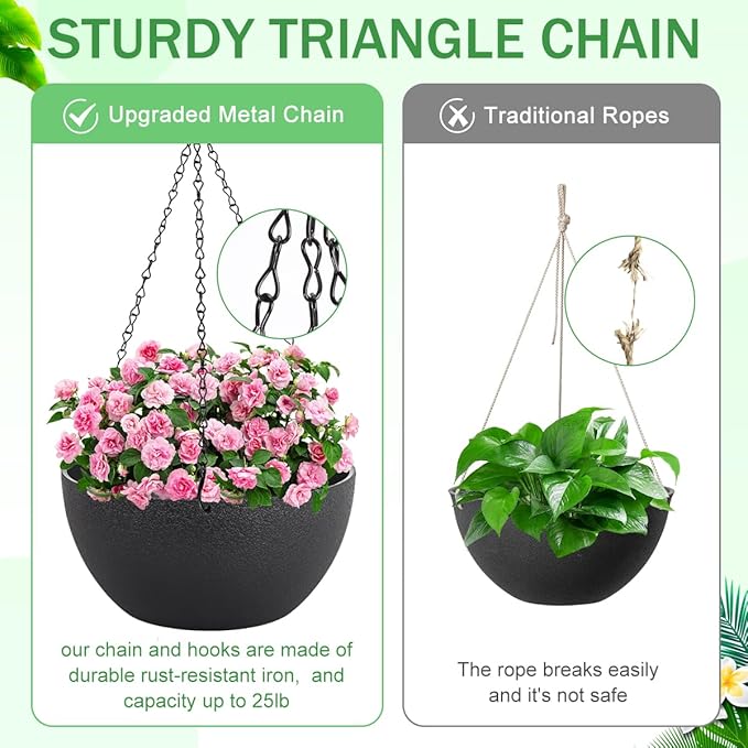 12 inch Hanging Planters for Indoor Plants, 2 Pack Planters for Outdoor Plants with Drainage Holes and Chain, Round Plastic Hanging Baskets, Hanging Flower Pots for Balcony Garden Decor-Black-Ruum Studio Home