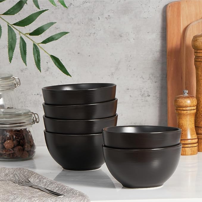 ONEMORE Cereal Bowls Set of 6, 28 oz Large Soup Bowls for Kitchen 6 inch Ceramic Salad Bowls Microwave Dishwasher Safe Deep Serving Bowl Set for Salad Dessert Rice, Black-Ruum Studio Home