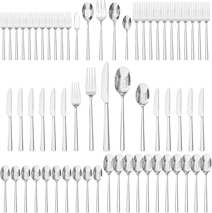 KINGSTONE Silverware Set with Serving Utensils, 65-Piece Forged Flatware Set Cutlery Set Premium Stainless Steel, Service for 12, for Kitchen, Home, Wedding, Party, Mirror Polished and Dishwasher Safe-Ruum Studio Home
