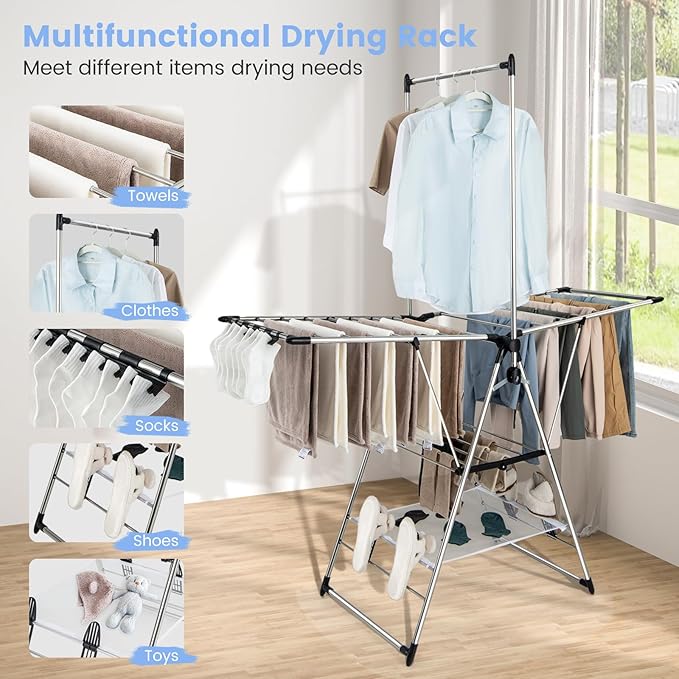 Giantex Clothes Drying Rack, Foldable Laundry Drying Rack with with 6-Level Adjustable Height, High Hanger Design, Side Clips, Space Saving Collapsible Laundry Drying Rack-Ruum Studio Home