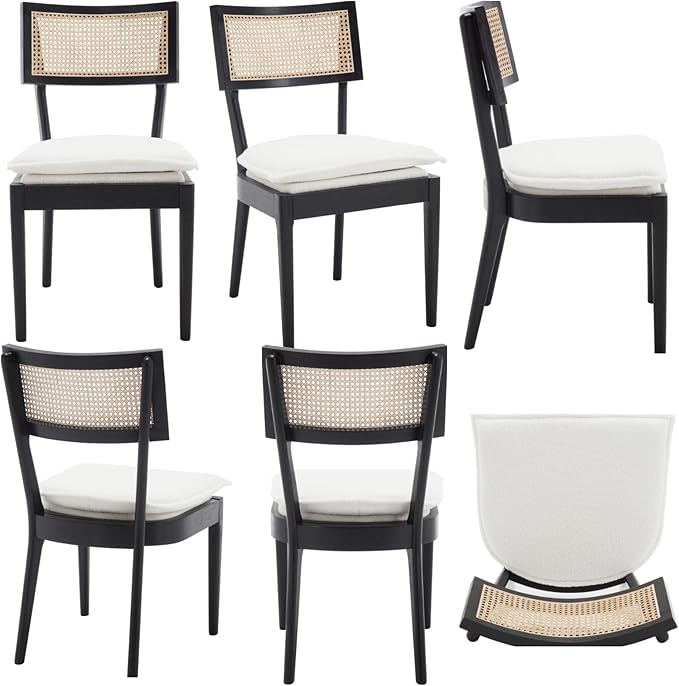 Rattan Dining Chairs Set Of 4 , Mid Century Modern Black Wooden Cane Back Chairs with Removable Sherpa Cushion , Retro Farmhouse Upholstered Kitchen & Dining Room Chairs for Restaurant Living Room-Ruum Studio Home