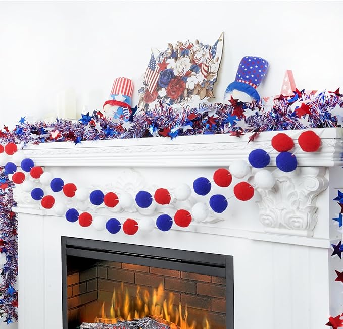 TBD Decor 3pk 4th of July Decorations Patriotic Red White Blue Pom Pom Garland 20FT 4cm Large Felt Ball Garland for Independence Day,Party Home Supplies Decorations-Ruum Studio Home