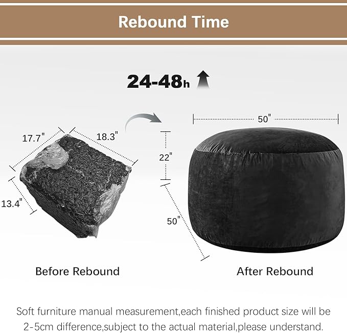 Bean Bag Chairs for Adults - Memory Foam Furniture BeanBag Chair - Kids/Teens Sofa with Soft Micro Fiber Cover - Round Fluffy Couch for Living Room Bedroom College Dorm - 5 ft, Carbon Black-Ruum Studio Home
