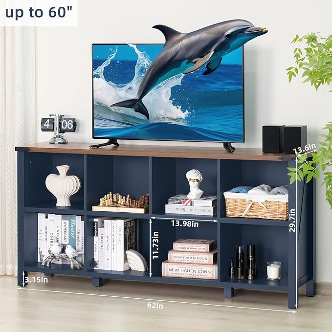 8 Cube Book Shelf, Farmhouse Wood Long Storage Organizer Bookcase, 62" Horizontal Navy Blue Console Closet Bookshelf, Hallway TV Stand for Entryway, Display Cabinet Book Case for Living Room-Ruum Studio Home