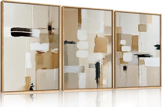 Large Abstract Beige Framed Canvas Wall Art Set, Neutral Textures Wall Decor, Warm Minimalist Shapes Wall Painting, Modern Neutral Art Prints for Living Room, Bedroom, Office - 16"X24"X3-Ruum Studio Home