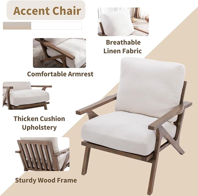 HNY Mid Century Modern Accent Chairs Set of 2, Farmhouse Linen Upholstered Armchair for Living Room, Bedroom, 23'' Seat Wide Retro Leisure Reading Chair Slipper Chair with Wood Frame, White-Ruum Studio Home