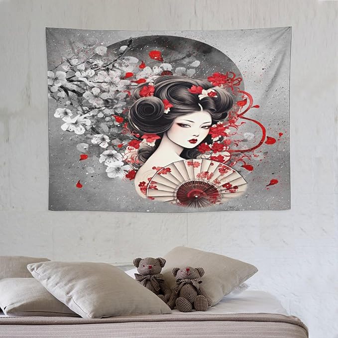 Japanese Geisha Tapestry Asian Red Cherry Blossom Red Sun Traditional Kimono Folk Tapestries Home Decor for Living Room Bedroom Apartment Farmhouse Dorm 40"x30"-Ruum Studio Home