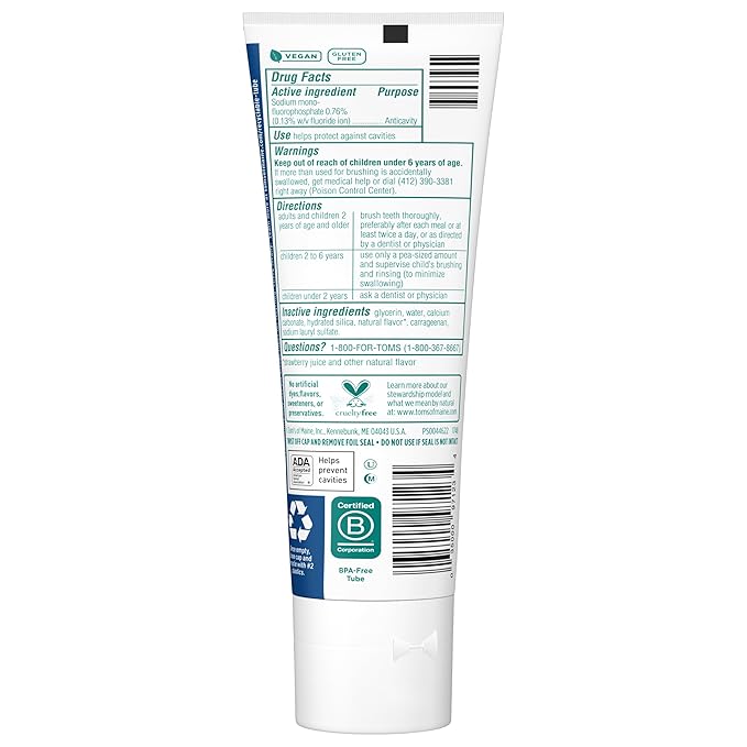 Tom's of Maine ADA Approved Fluoride Kids Toothpaste, Natural Toothpaste, Dye Free, No Artificial Preservatives, Silly Strawberry, 5.1 oz. 3-Pack (Packaging May Vary)-Ruum Studio Home