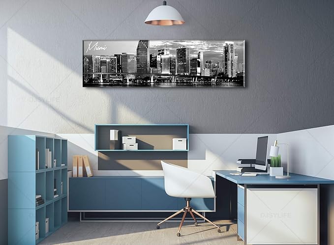 DJSYLIFE Miami Skyline Wall Art Decor Panoramic Cityscape Picture Modern USA City Night View Canvas Prints for Bedroom Office Living Room Decoration Stretched and Framed Ready to Hang 13.8"x47.3"-Ruum Studio Home