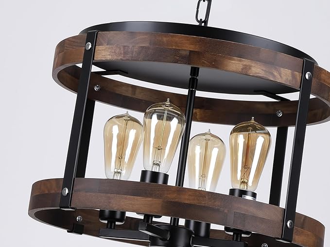 4-Light Large Rustic Farmhouse Plug in Pendant Light Fixture with Adjustable Chain, Dimmable Switch, 16.5 inch Oak Wood Drum Hanging Lamp for Dining Room Living Room Farmhouse Entry, Black-Ruum Studio Home