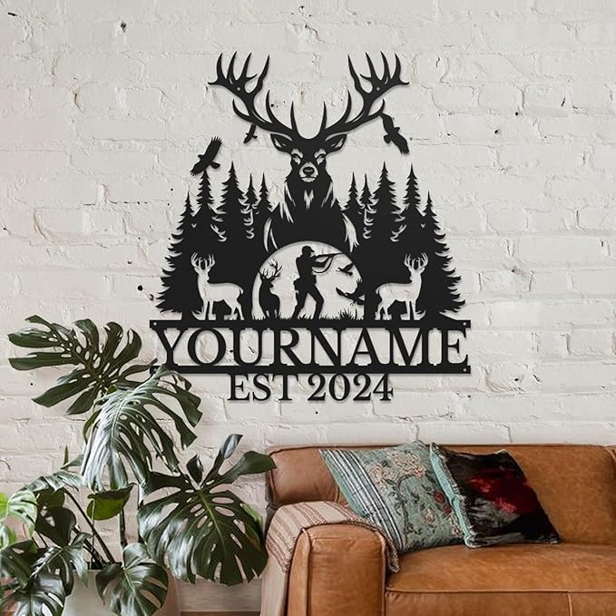 Personalized Deer Forest Name metal Signs,Custom Shed Metal Wall Decor,Black Deer Metal Wall Art Decor,Deer Home Metal Signs Plaques,Outdoor wall Decorative Signage (Style D)-Ruum Studio Home