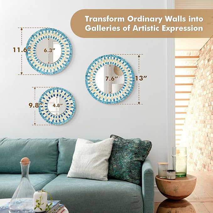 TEIPAI Handmade Mother of Pearl Mirror for Wall Decor, 3PCS Round Decorative Mirrors for Beach Nautical Home Hotel Coffee Shop, Natural Plate Art Hanging Sculpture for Dorm Apartment Entryway (Blue)-Ruum Studio Home
